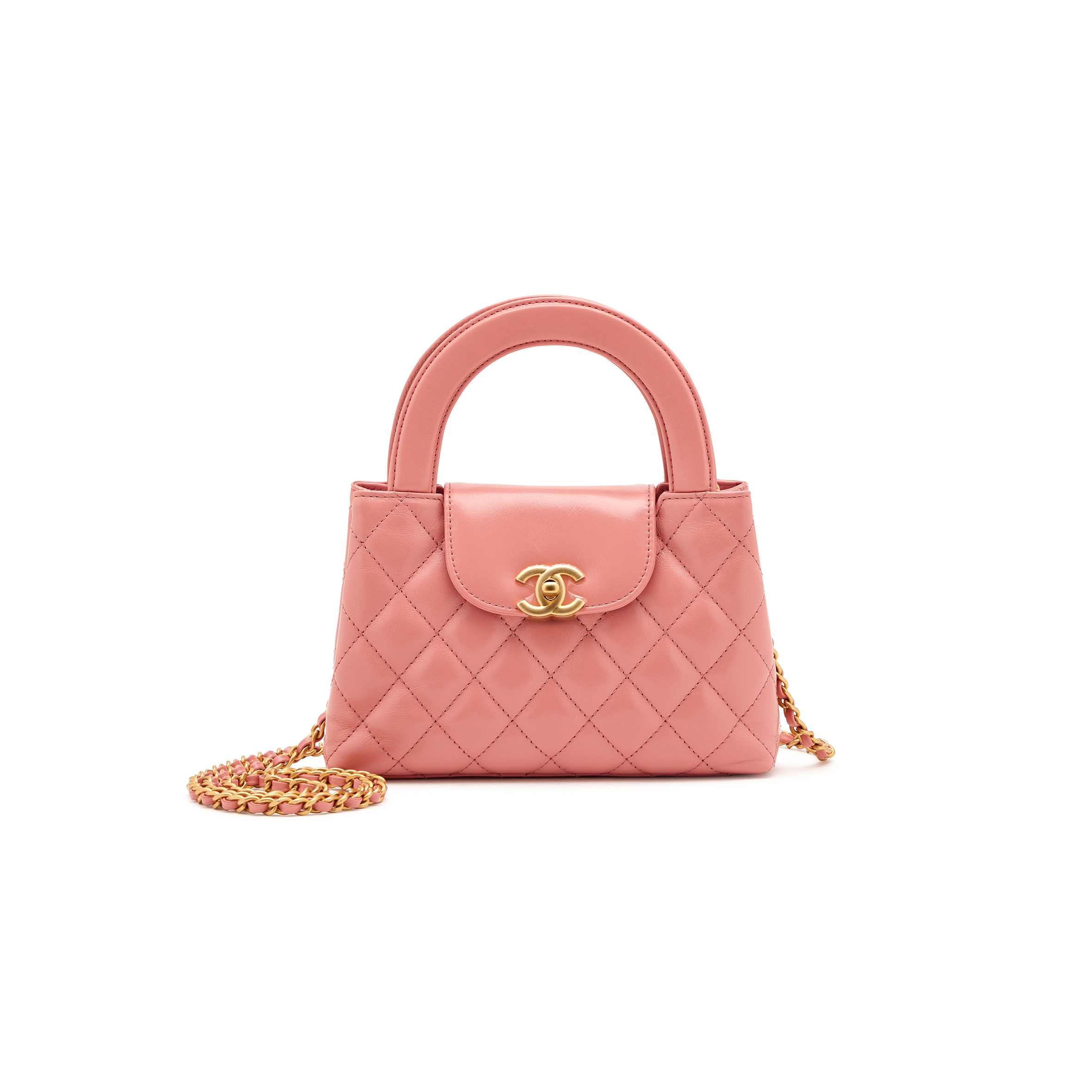 CHANEL PINK QUILTED CALFSKIN MINI KELLY SHOPPER BRUSHED GOLD HARDWARE AS4416 (19*13*7cm)